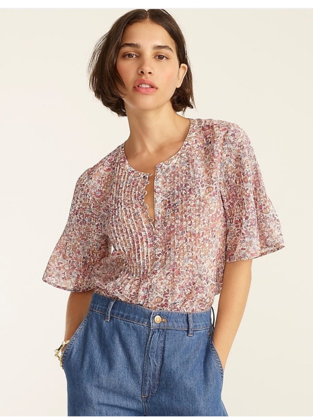 J. Crew Silk Cotton Floral Pintuck Button-Front Blouse